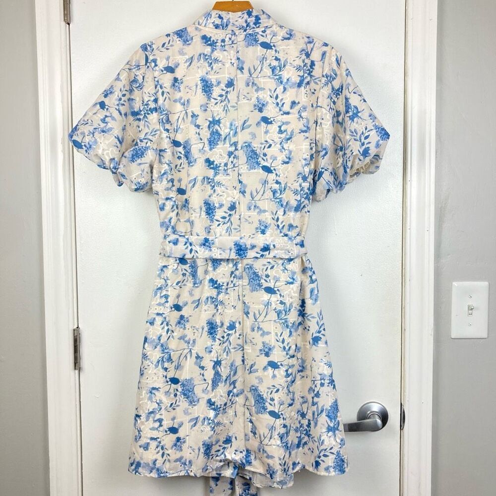 Sam Edelman Floral Embroidered Eyelet Puff Sleeve Mini Shirtdress White Blue, 14 - Picture 8 of 13